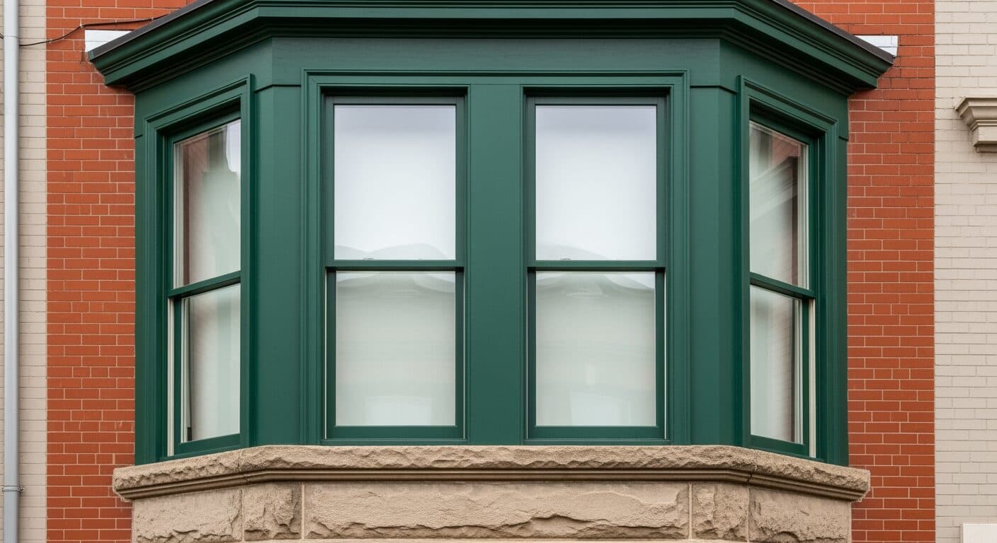 Four-panel bow replacement window with double-hung sashes on the parlor floor of a late-Victorian DC row house.