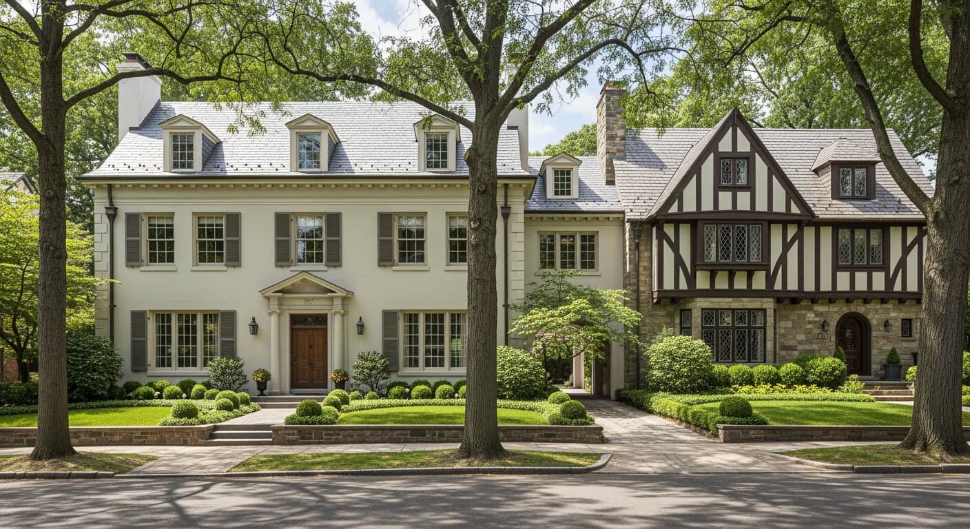A large Colonial Revival house in Chevy Chase Village, MD with original wood double-hung windows and divided lites, alongside a Tudor Revival home, illustrating the area's early-1900s streetcar-suburb housing stock.