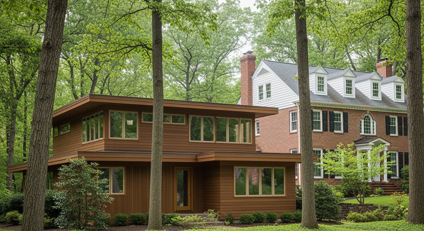 A 1970s cedar-and-glass contemporary home in a Columbia, MD village with new replacement windows, next to a 1990s River Hill colonial, showing the range of James Rouse's planned New Town housing stock.