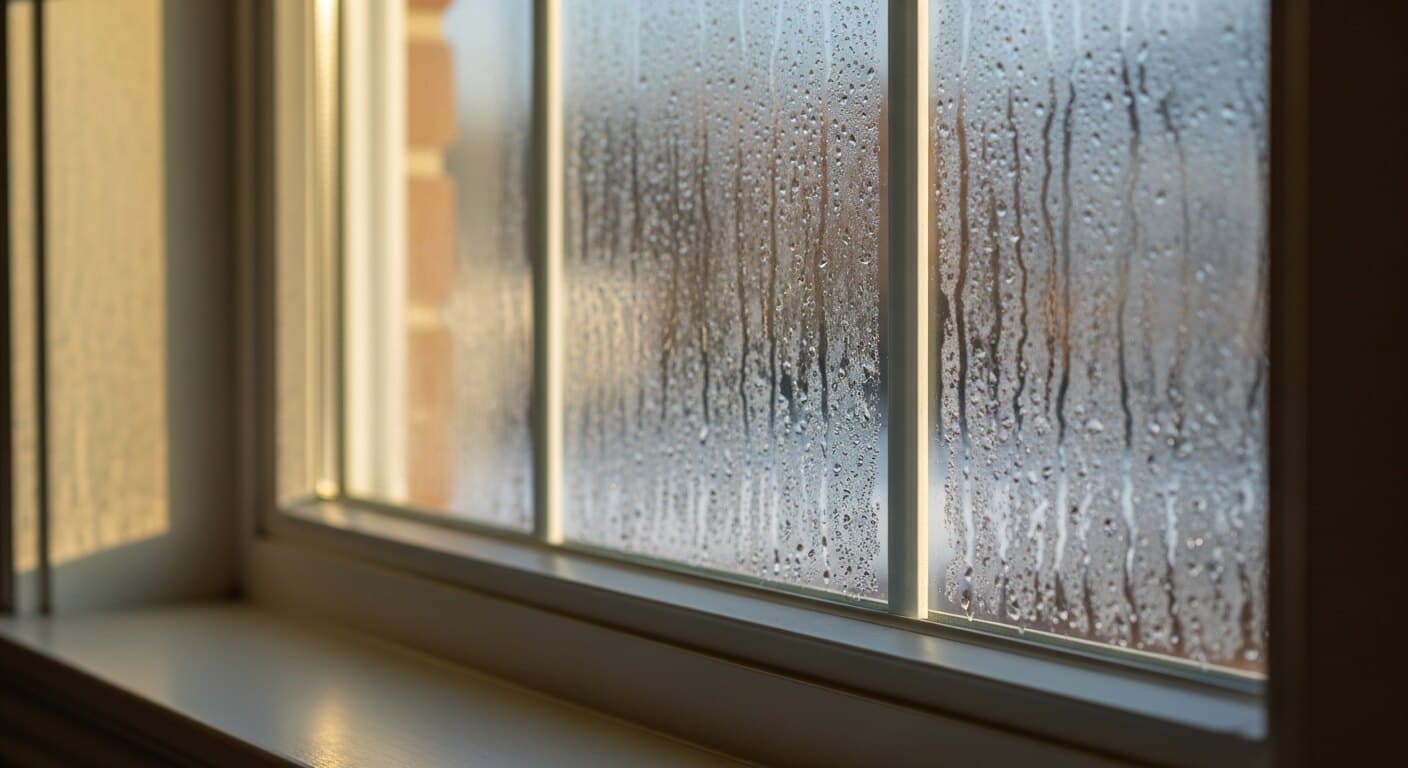 A double-pane window with condensation, showing how DC, Maryland, and Virginia homeowners can tell inside-surface humidity from a failed between-the-panes seal.