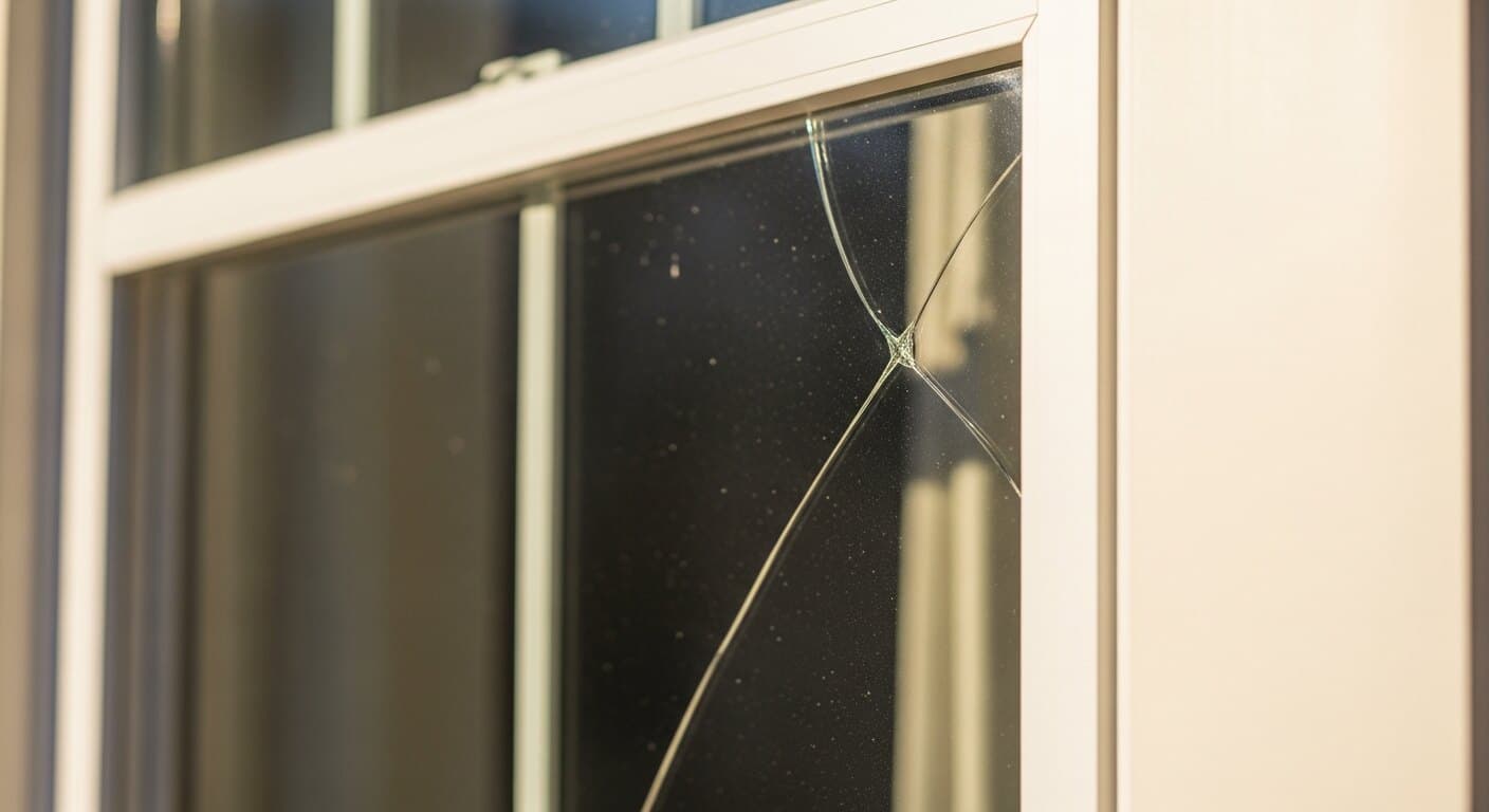 A cracked window pane in a DC, Maryland, or Virginia home, shown to explain glass-only versus insulated-glass-unit versus full-unit replacement options.