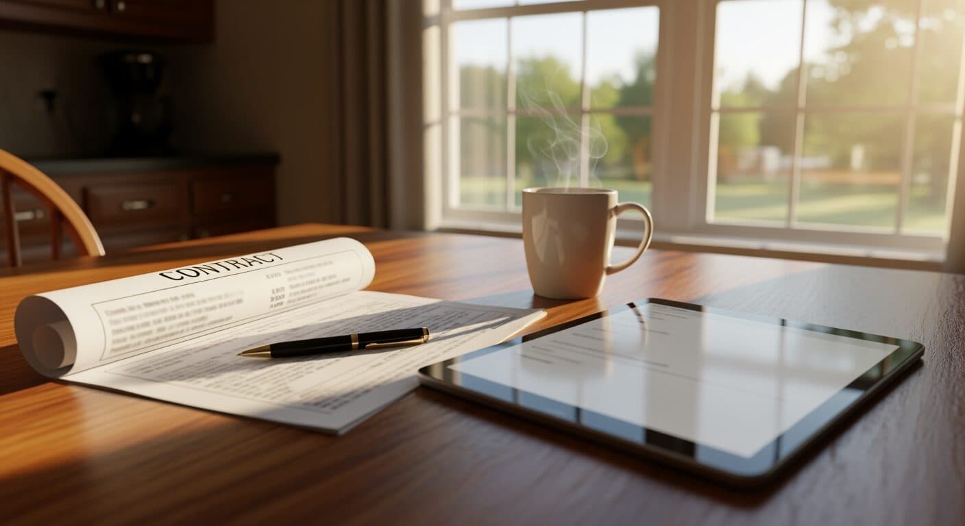Homeowner reviewing a window replacement contract at a kitchen table next to three printed quotes.