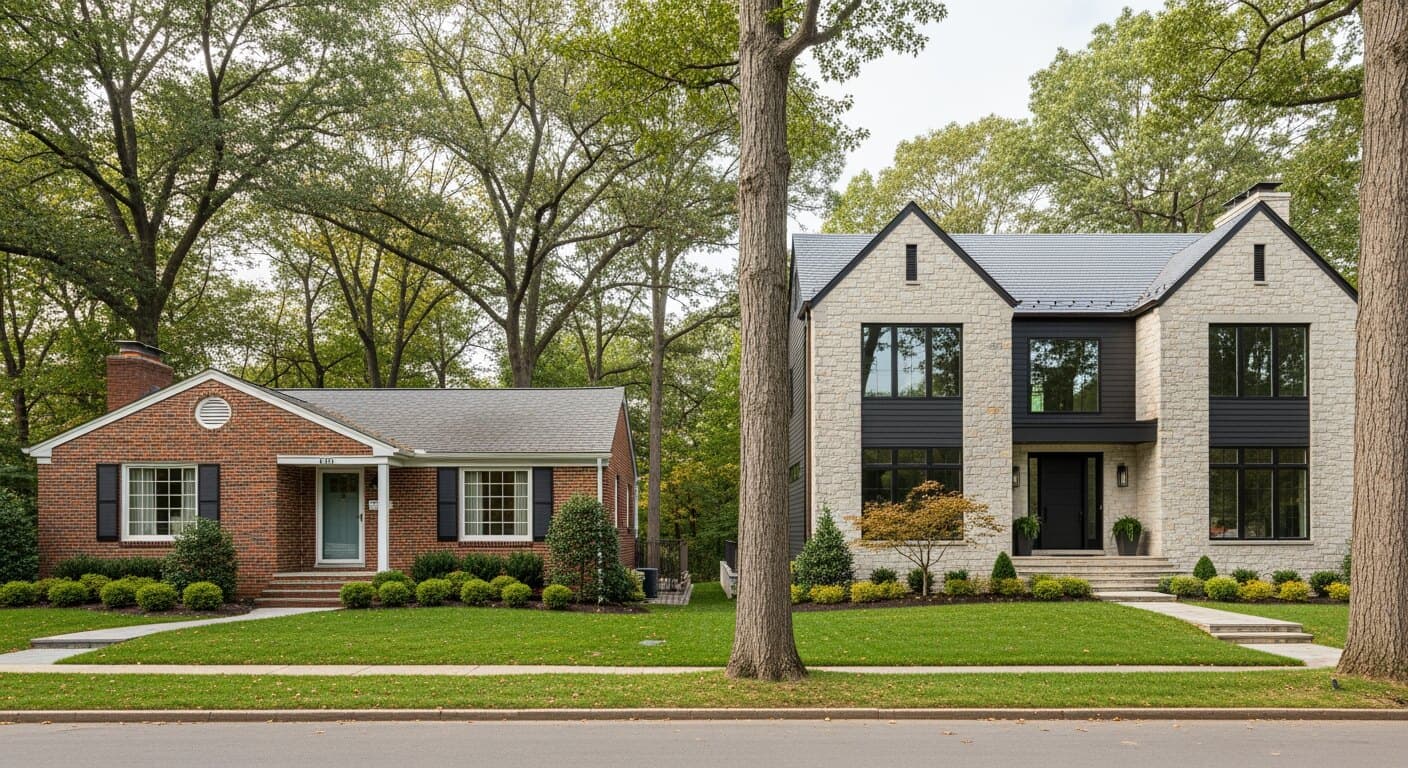 A 1960s brick rambler beside a newly built custom stone-and-clad estate on a wooded McLean, Virginia lot, illustrating the teardown-and-rebuild market and its large whole-home window jobs.