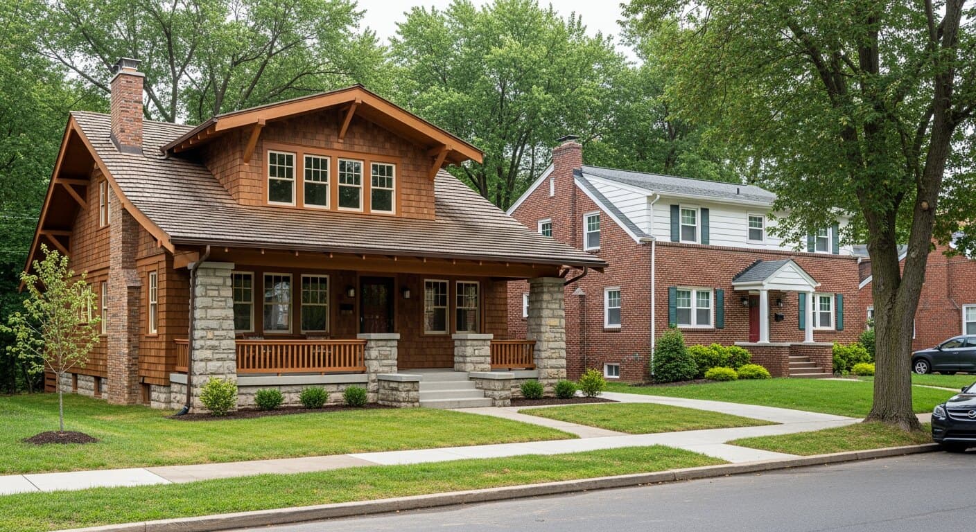 A 1920s Silver Spring, MD Craftsman bungalow with new double-hung replacement windows next to a post-war brick rambler, showing the range of local housing eras.