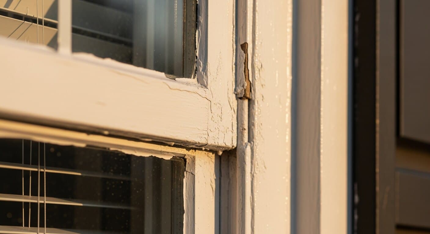 A homeowner gently working a putty knife along the seam of a stuck double-hung window sash in a DC, Maryland, or Virginia home to free it without breaking the glass.