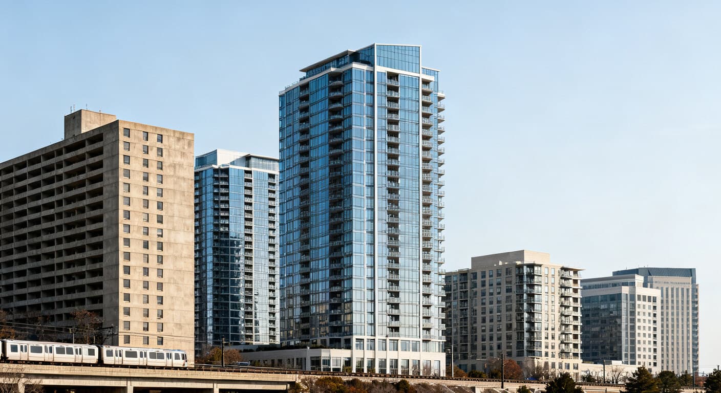 Glass-clad luxury condo towers and a 1970s concrete mid-rise on a Tysons, Virginia skyline near the Silver Line, illustrating the multifamily housing stock that per-unit window replacement here works within.