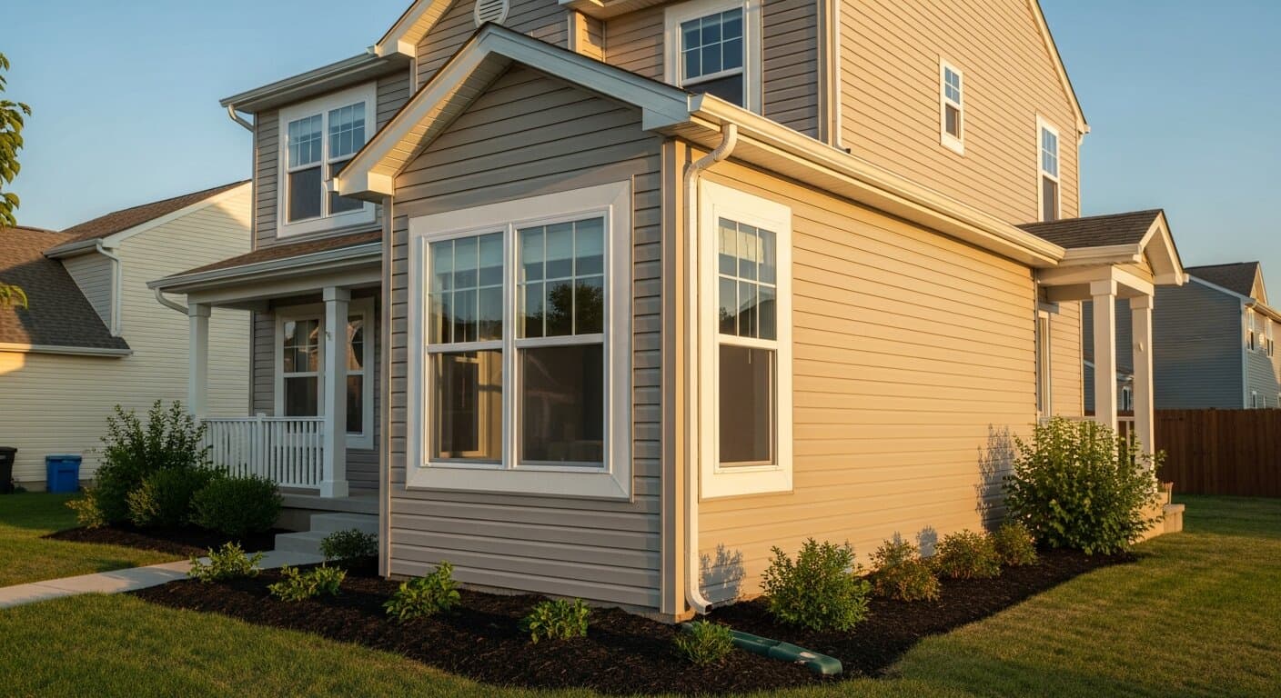 A Vinylmax vinyl double-hung window in a suburban home, used to illustrate a Vinylmax windows review across the brand's vinyl lineup.