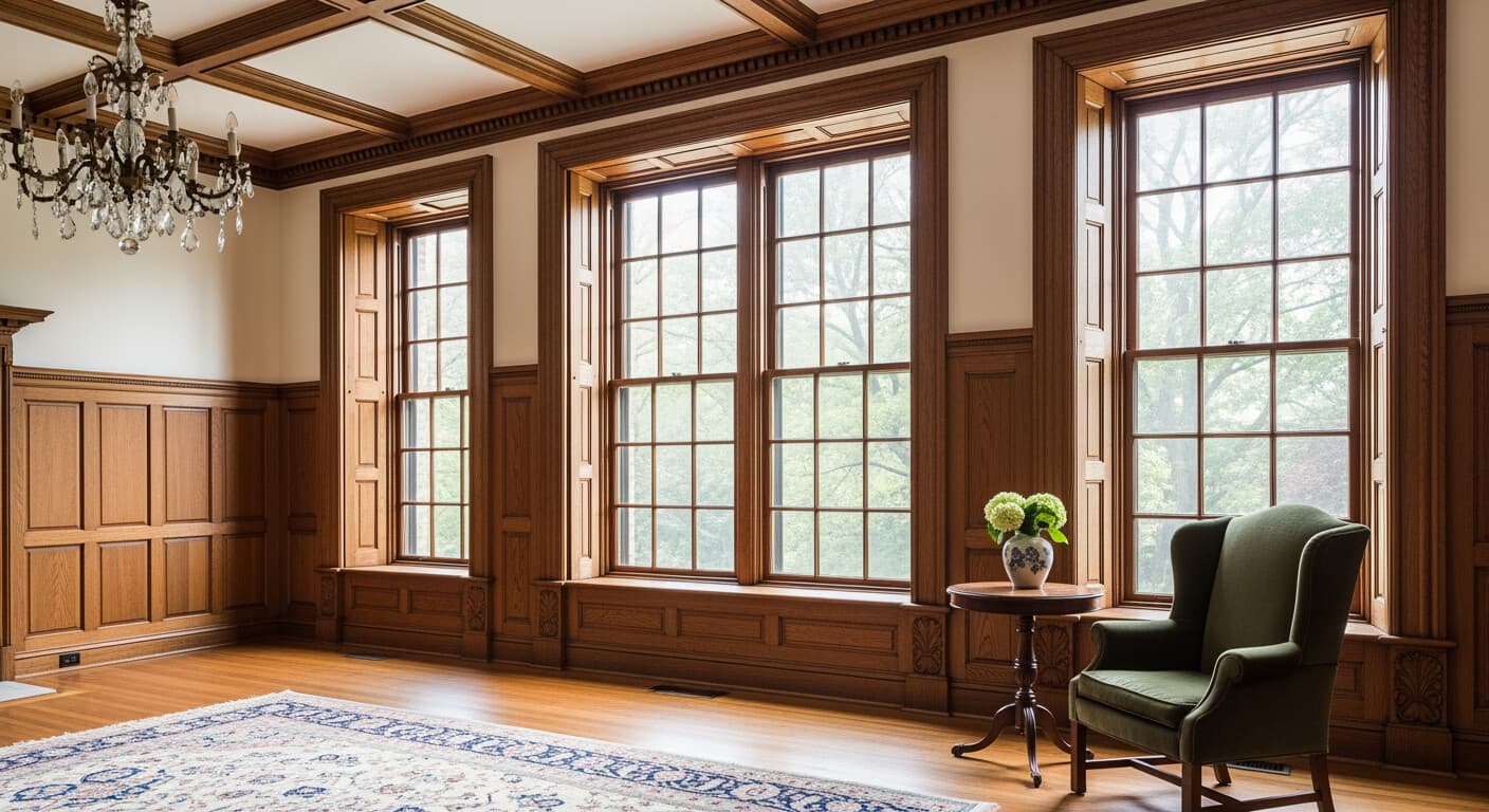 A historic DC-area home with traditional wood replacement windows, used to illustrate how wood window cost varies between solid wood and aluminum-clad wood.
