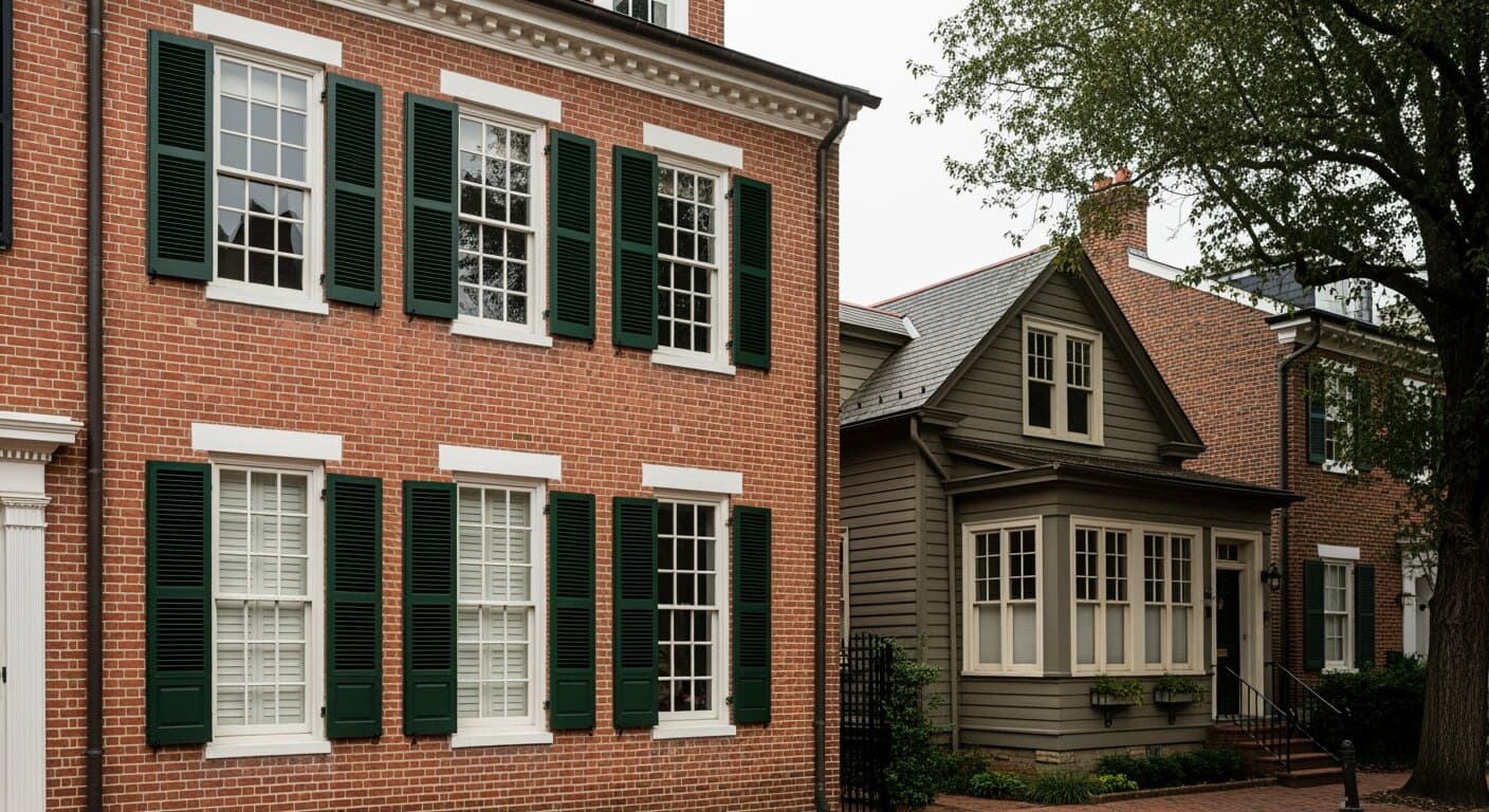 A Federal-style brick townhouse facade in Old Town Alexandria with tall six-over-six double-hung windows and louvered shutters, beside an early-1900s Del Ray bungalow with wider casement openings, illustrating the city's split between historic-review and unconstrained housing stock.
