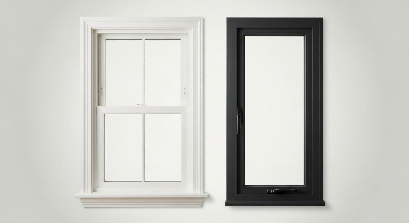 Two premium replacement windows side by side, an Andersen wood-clad unit and a Marvin fiberglass unit, illustrating an andersen vs marvin comparison.