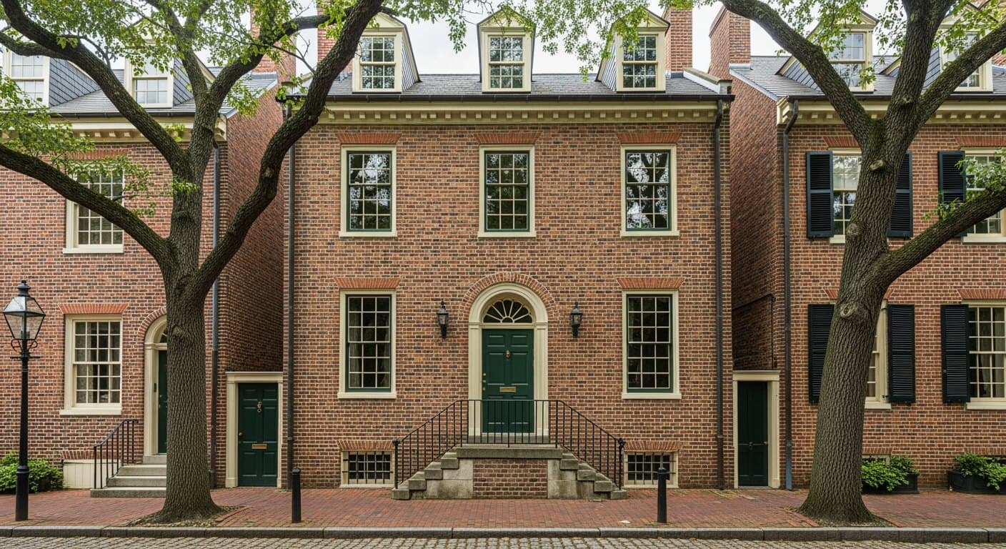 A brick colonial townhouse on a narrow tree-lined street in the Annapolis Historic District, with symmetrical wood double-hung windows and divided lites, illustrating the city's dense 18th-century housing stock.