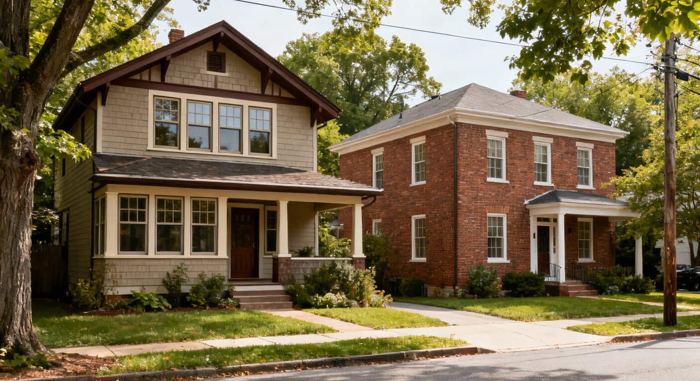 A 1920s Craftsman bungalow and a brick Colonial foursquare on a leafy Arlington, Virginia street, with double-hung replacement windows, illustrating the county's pre-war streetcar-suburb housing stock.
