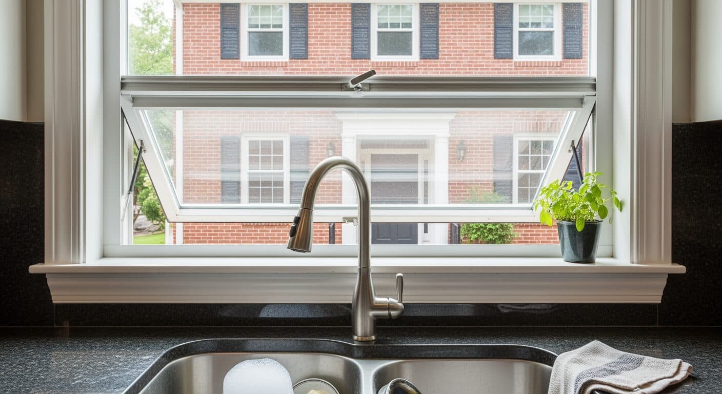 White vinyl awning window cranked open above a kitchen sink, demonstrating top-hinged outward swing.