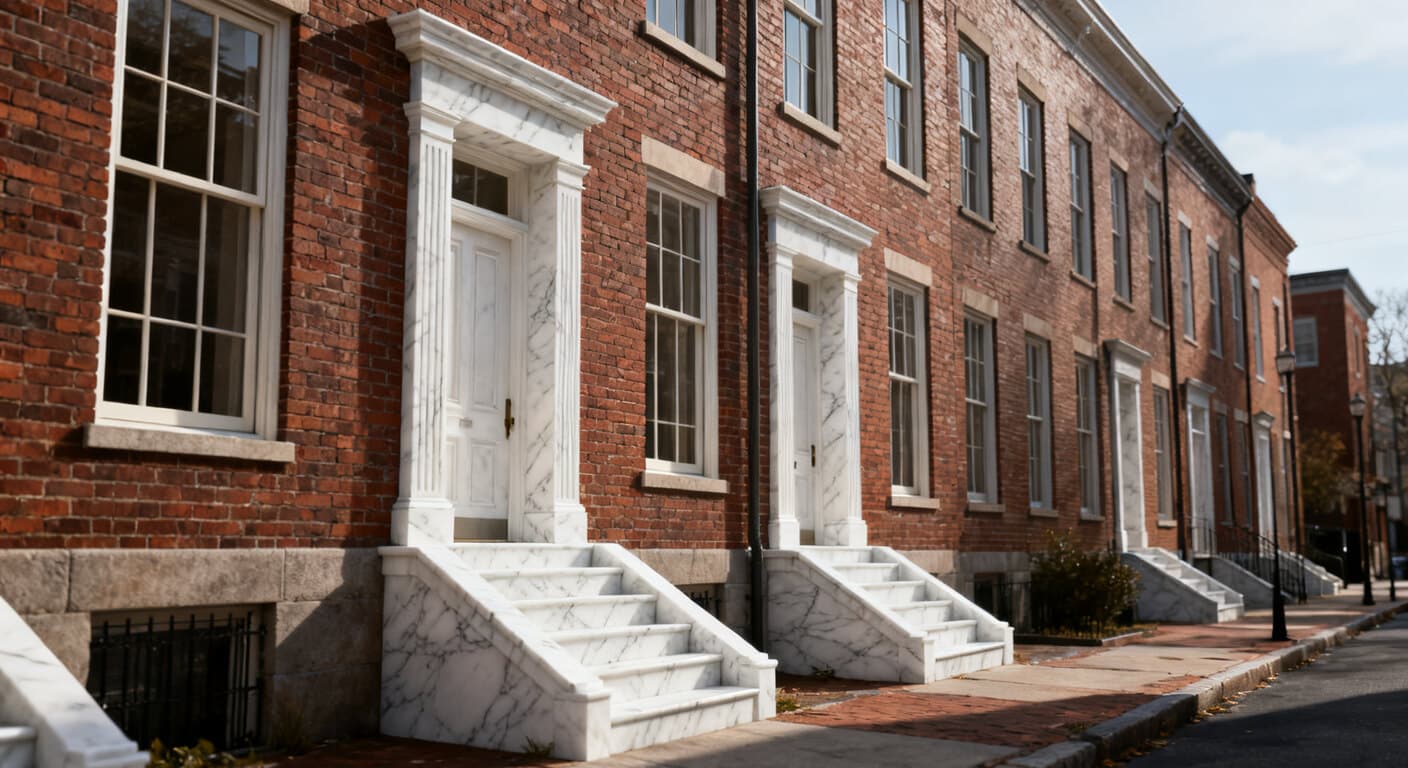 A continuous brick rowhouse block in a Baltimore neighborhood with marble entry steps and tall narrow double-hung windows set in the party-wall facades, illustrating the city's dominant 19th-century housing type.