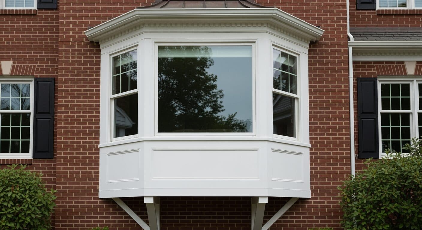 Bay replacement window with center picture and two double-hung flankers projecting from a colonial home exterior.