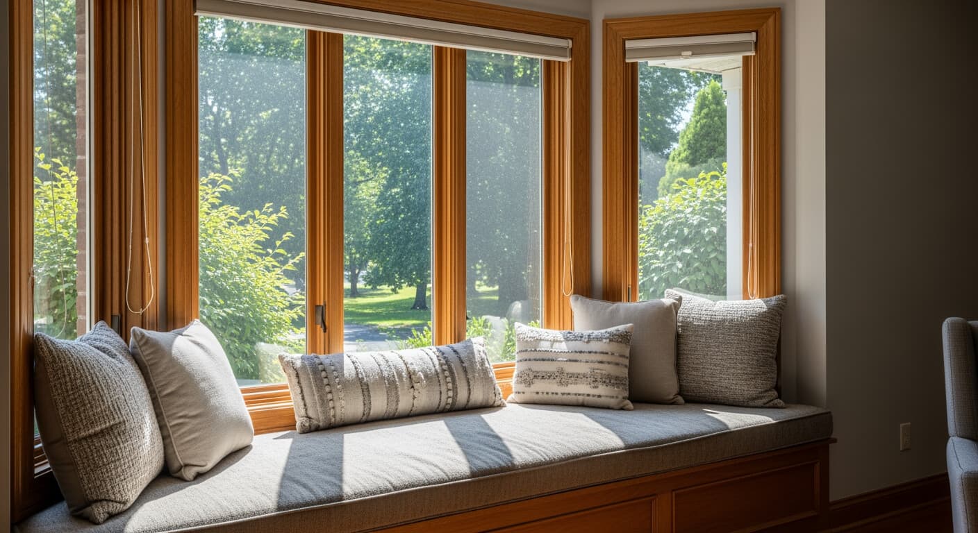 A DC-area colonial with a projecting three-panel bay window, used to illustrate why bay window replacement cost runs higher than a single flat window.