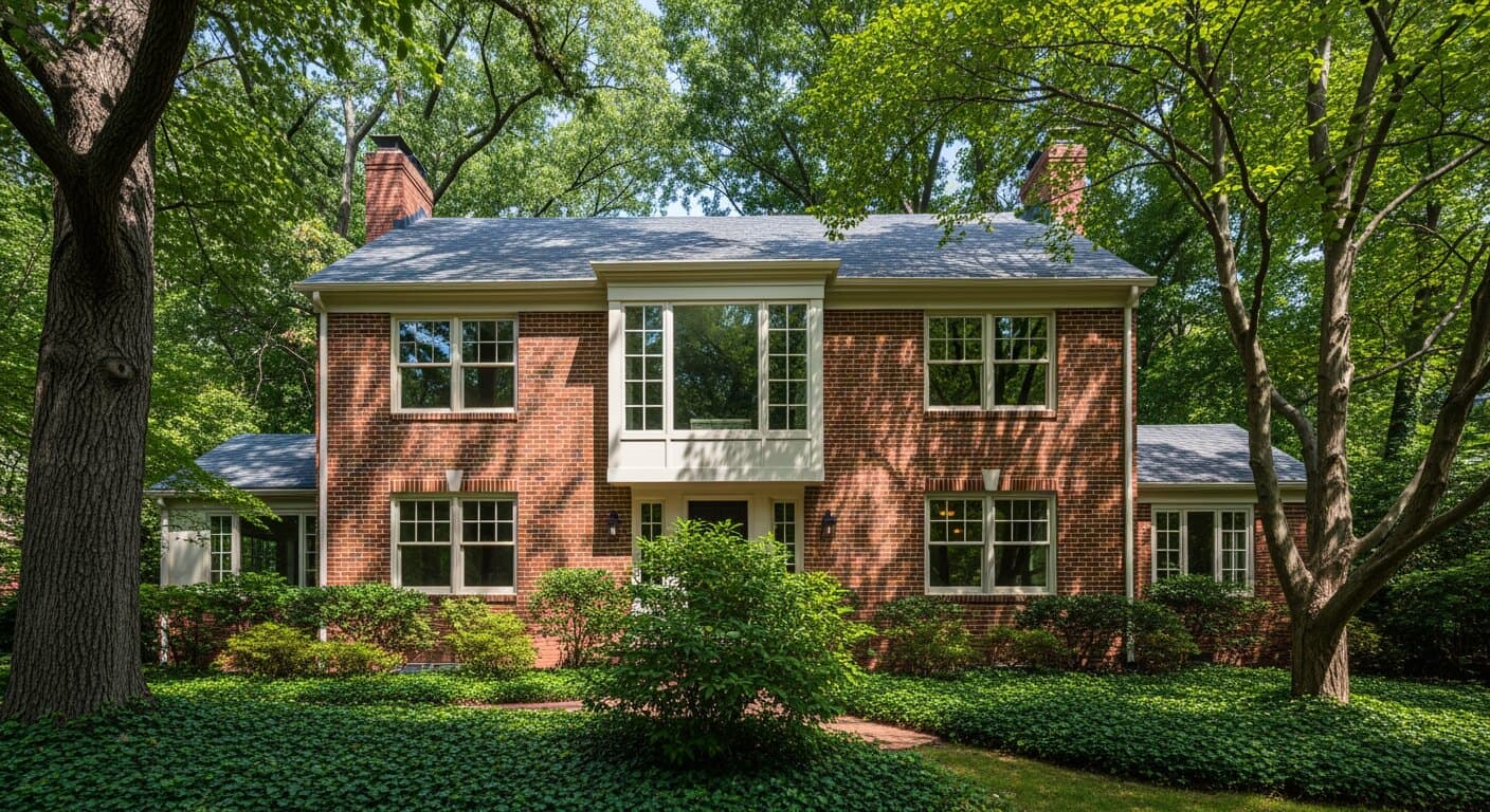 A detached Bethesda, MD home with new replacement windows, spanning a brick colonial facade and a mid-century picture window, illustrating the range of local housing stock.