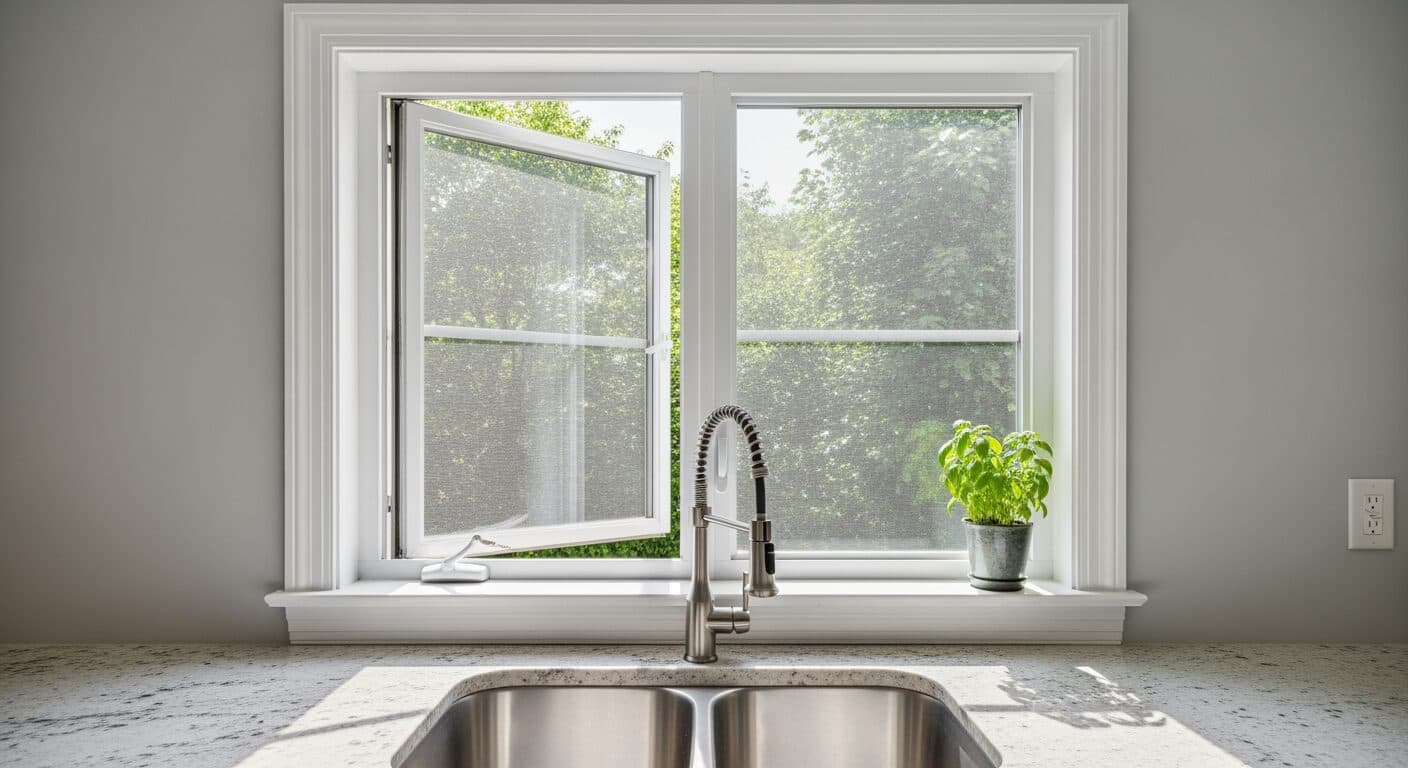 Casement replacement window above a kitchen sink, cranked open to show the side-hinged sash and full-opening airflow.