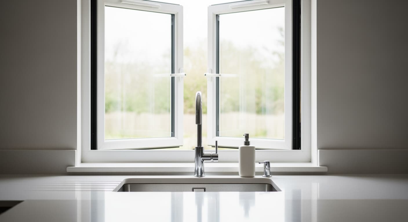 A DC-area kitchen casement window cranked open, used to illustrate how casement window cost varies by frame material, glass, and install type.