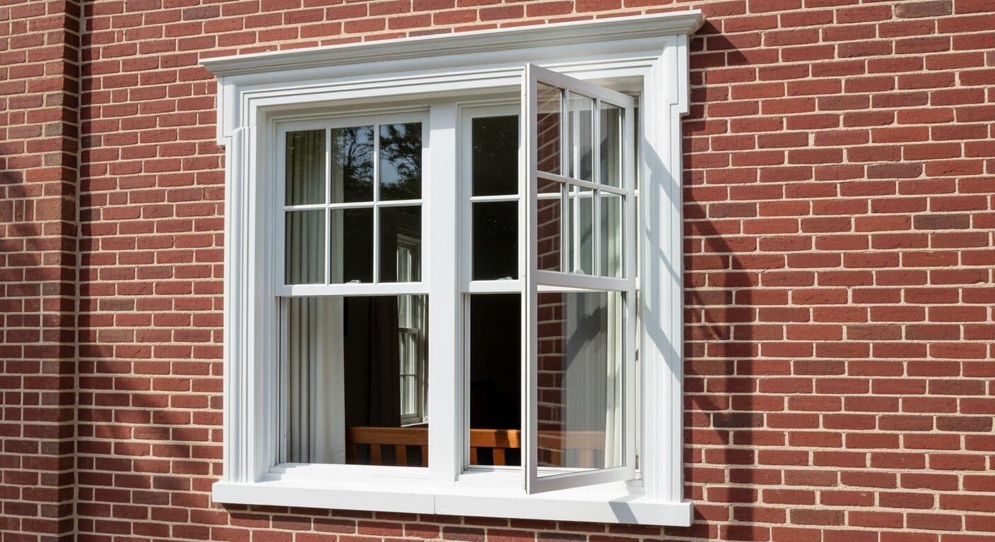 Double-hung replacement window installed in a brick colonial home in the DC area, upper and lower sashes both raised to show vertical sliding operation.