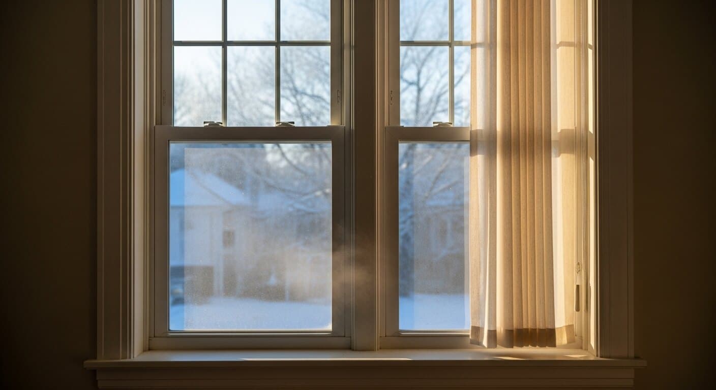 Homeowner holding a hand near a drafty window edge in winter, checking for cold air leaks in a DC, Maryland, or Virginia home.