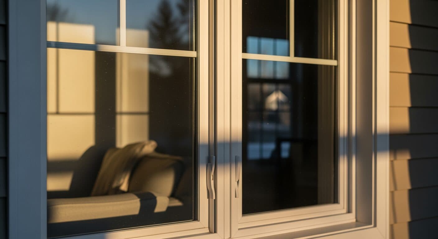 NFRC energy performance label on a new replacement window showing U-factor and Solar Heat Gain Coefficient ratings.