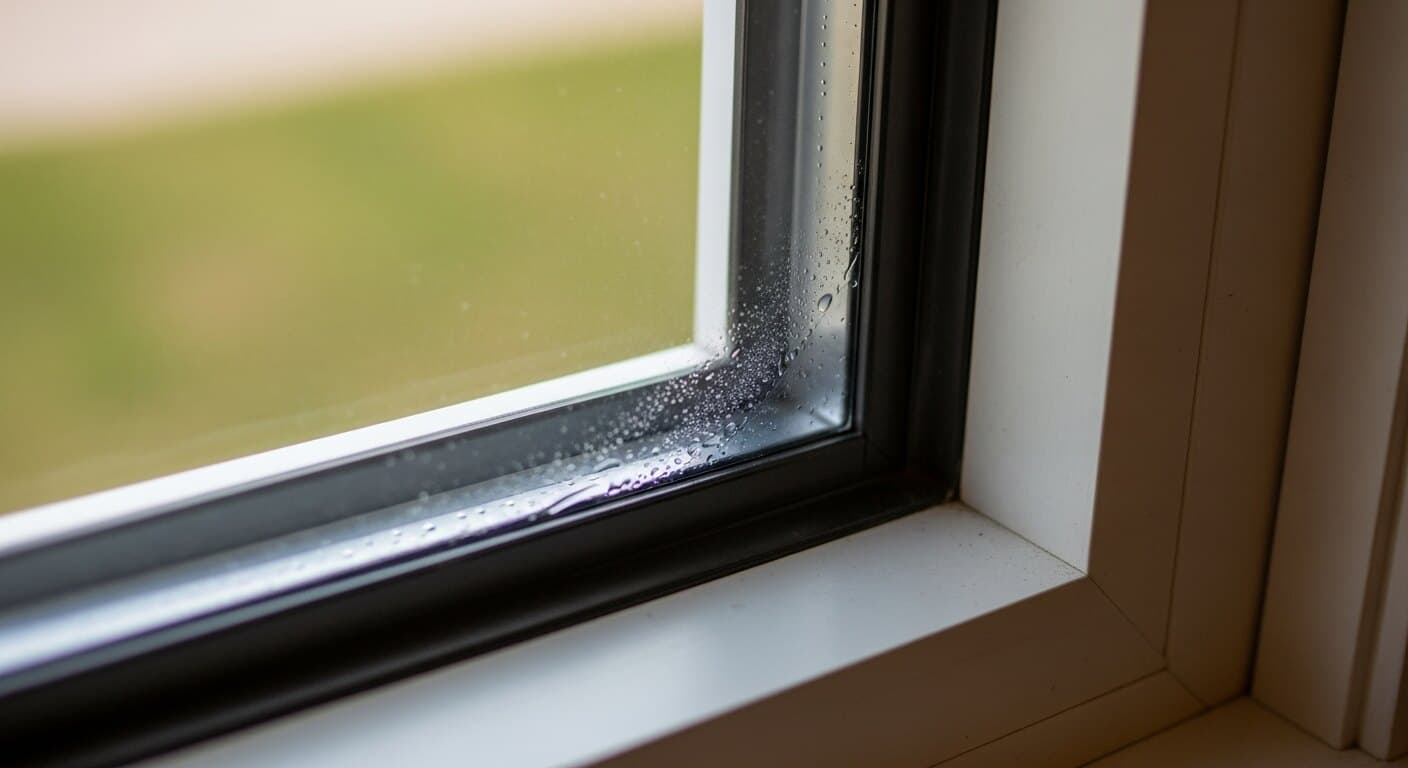 Close-up of a double-pane window with a failed window seal showing haze and trapped moisture between the panes, the kind DC, Maryland, and Virginia homeowners find on aging units.