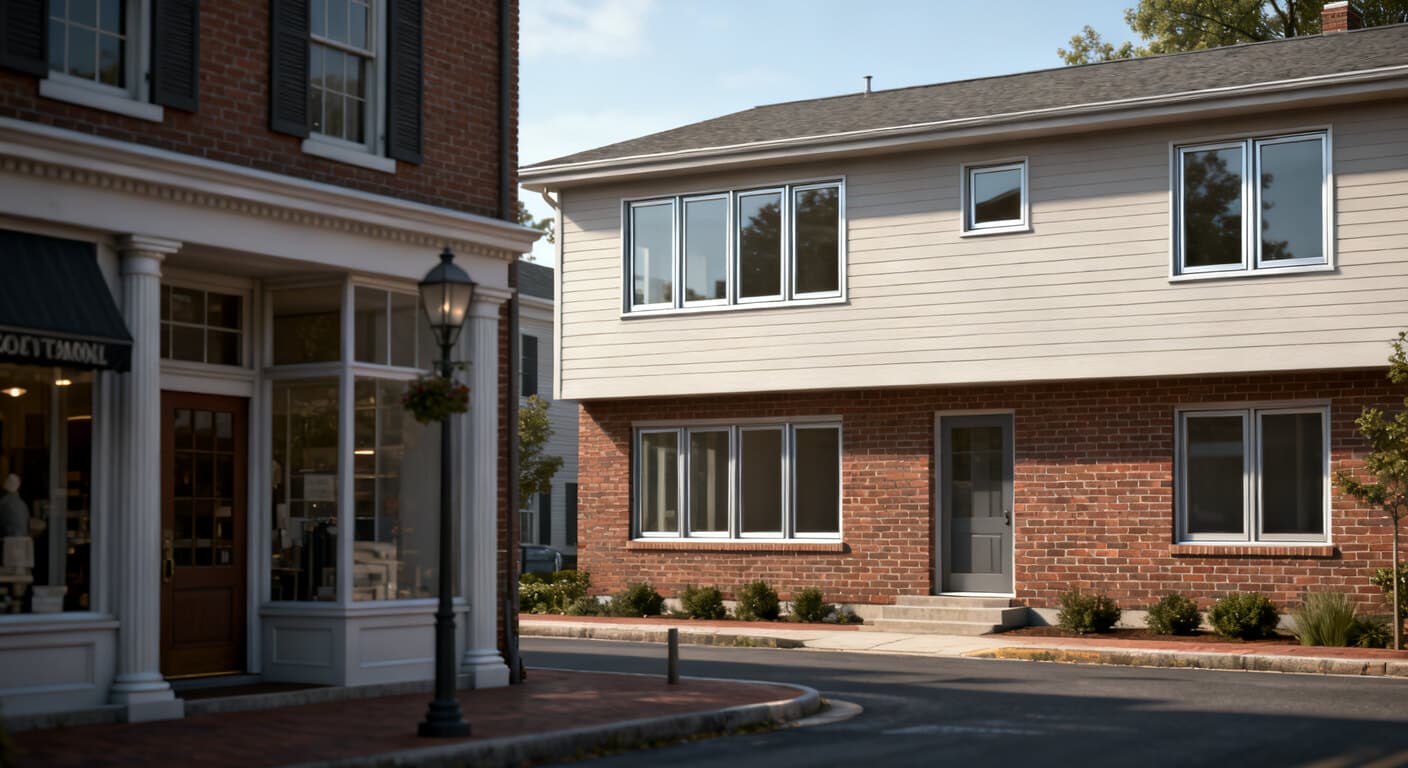 A 1960s brick split-level home in a Fairfax, VA neighborhood with original aluminum-framed windows being replaced, beside a Colonial Revival storefront in the walkable Old Town Fairfax historic core, illustrating the area's split between unregulated suburban stock and historic-overlay review.