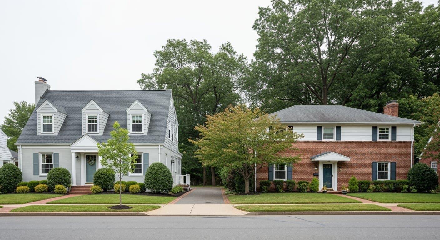 A post-WWII Cape Cod in the independent City of Falls Church beside a 1950s slab rambler in a Fairfax-County Falls Church mailing-address neighborhood, illustrating the two markets that share the Falls Church name.