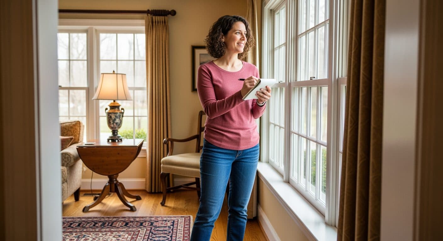 Homeowner walking their house to inventory windows before getting replacement quotes.