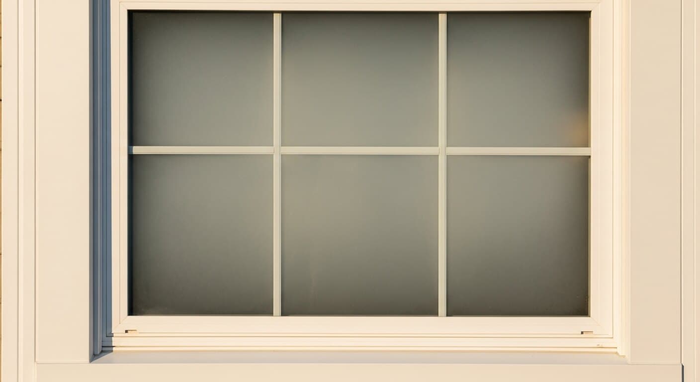 A double-pane window showing trapped condensation and haze between the glass from a failed seal, the kind of foggy window DC, Maryland, and Virginia home inspectors flag during a sale.