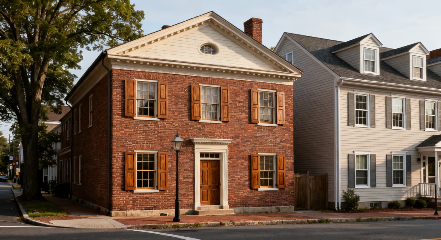 A brick Federal-style rowhouse on a downtown Frederick, MD street with wood double-hung sash windows, next to a 1990s Worman's Mill colonial with vinyl windows, showing the city's two distinct housing markets.