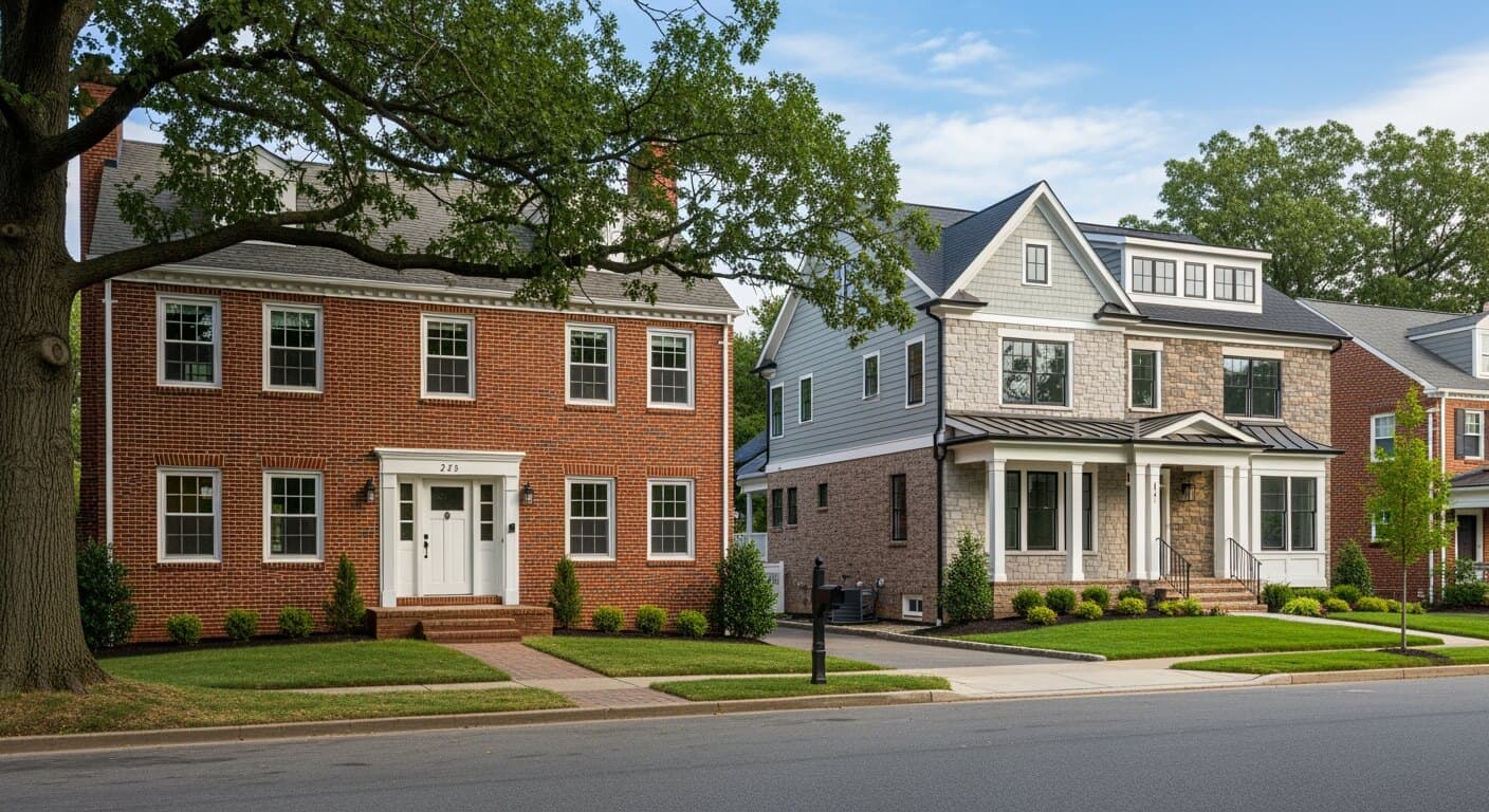 A 1970s Gaithersburg, MD brick colonial in a Flower Hill subdivision with new replacement windows, alongside a neo-traditional Kentlands home, showing the range of local housing stock.