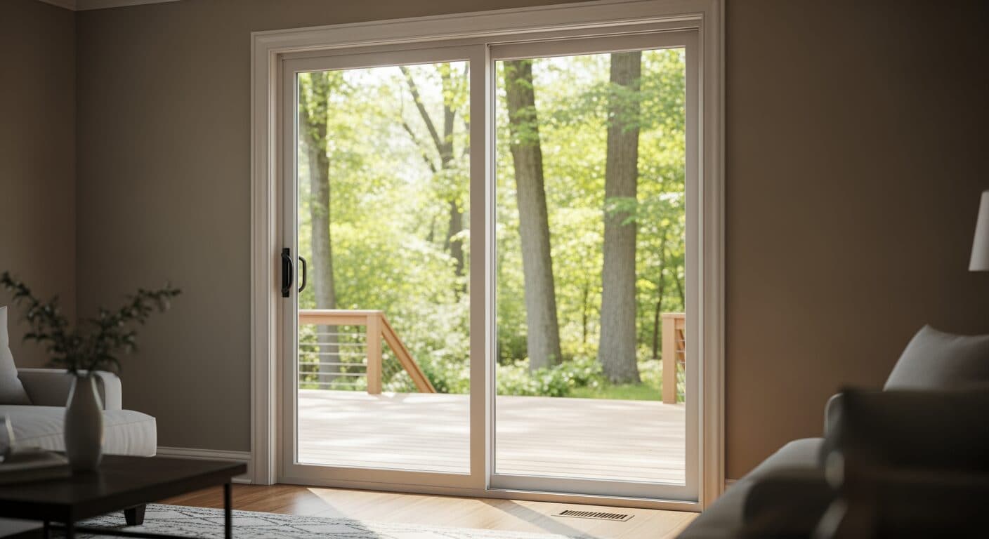 Sliding patio door replacement in a Maryland colonial family room, looking out to a rear deck.