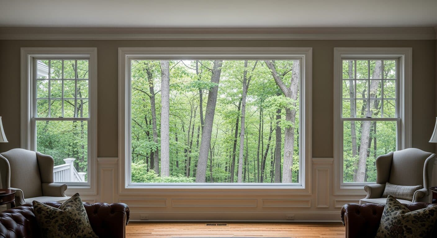 Picture replacement window flanked by double-hung windows in a colonial great room.