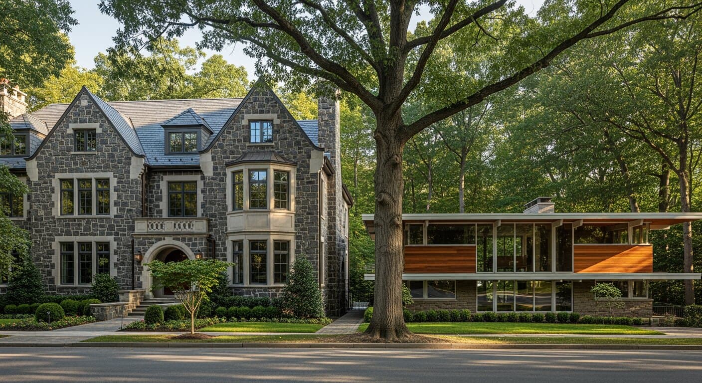 A large custom stone estate home in Potomac, MD with new replacement windows, next to a low-slung mid-century modern house with floor-to-ceiling glass, illustrating the two streams of local housing stock.