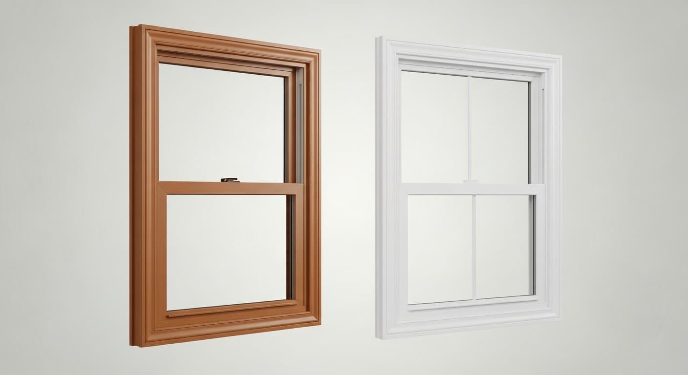 A Renewal by Andersen Fibrex window and a Window Nation vinyl window side by side for a DC-area comparison.