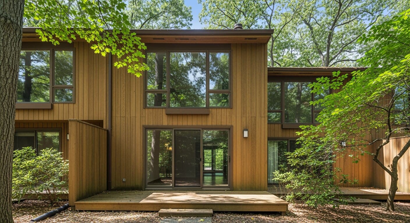 A 1970s vertical-cedar contemporary cluster townhome with large fixed glass and a sliding deck door set in wooded common land in Reston, Virginia, illustrating the planned new-town housing stock window replacement here works around.