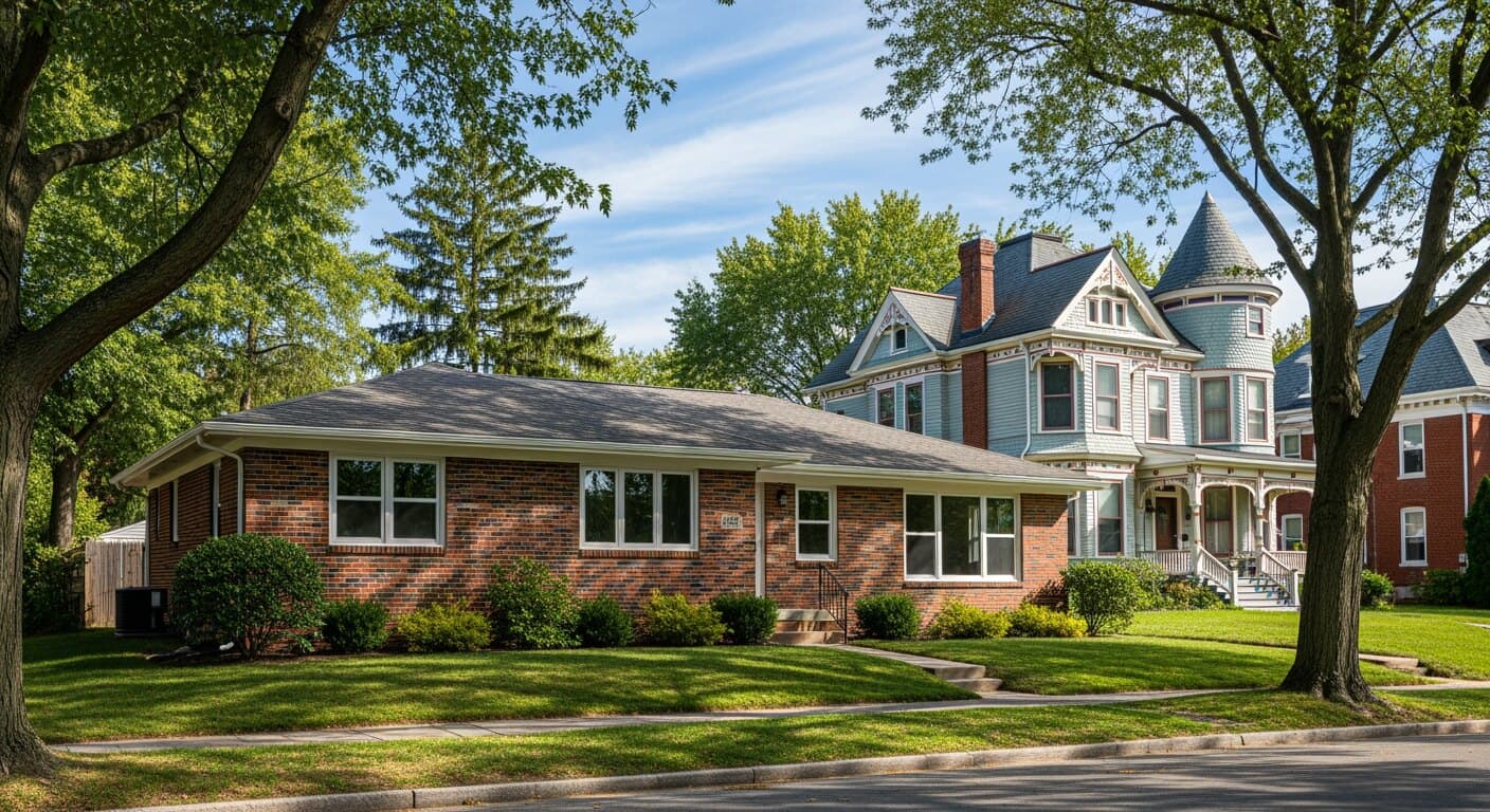 A 1960s Rockville, MD brick rambler with new replacement windows alongside an older West Montgomery Avenue Victorian, showing the range of local housing stock.