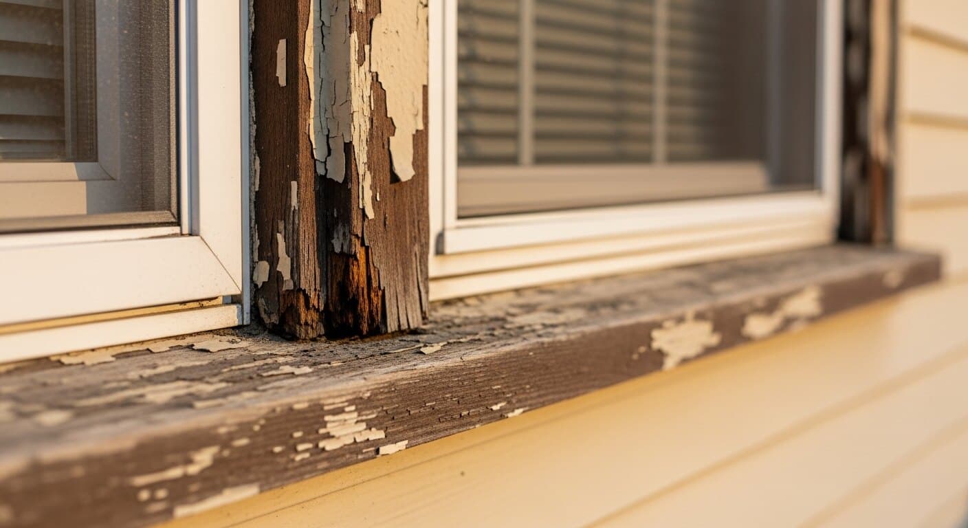 Close-up of a wood window with soft, peeling, water-damaged rot along the sill and lower frame, the kind of rotted window frame flagged on home inspections in DC, Maryland, and Virginia.