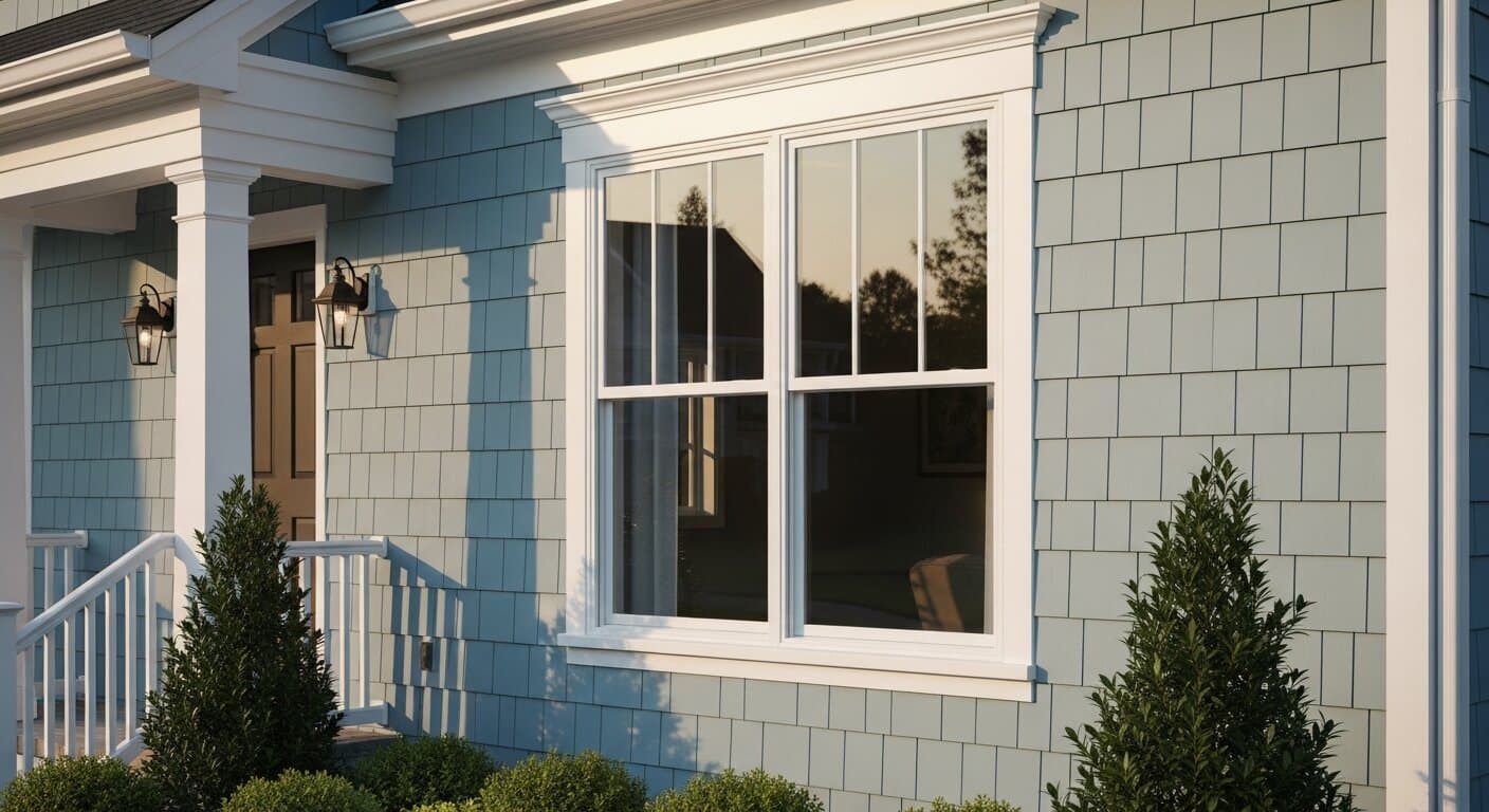 A Simonton vinyl double-hung window in a suburban home, used to illustrate a Simonton windows review across the brand's value-to-premium vinyl tiers.