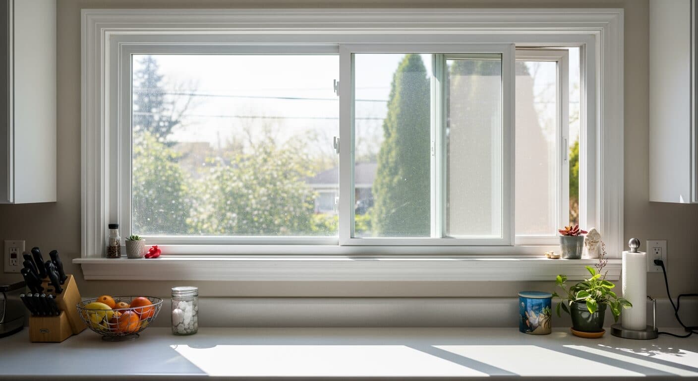 Two-lite sliding replacement window above a kitchen counter, with one sash slid open horizontally to show the track and screen.
