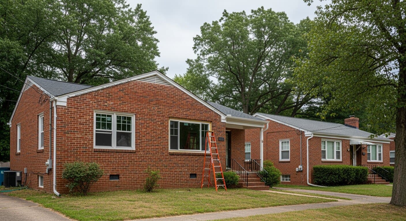 A 1960s brick Crestwood-built rambler in a Springfield, VA subdivision like Ravensworth Farm, with its original single-pane double-hung windows being replaced, beside a near-identical neighboring house on the same builder floor plan.