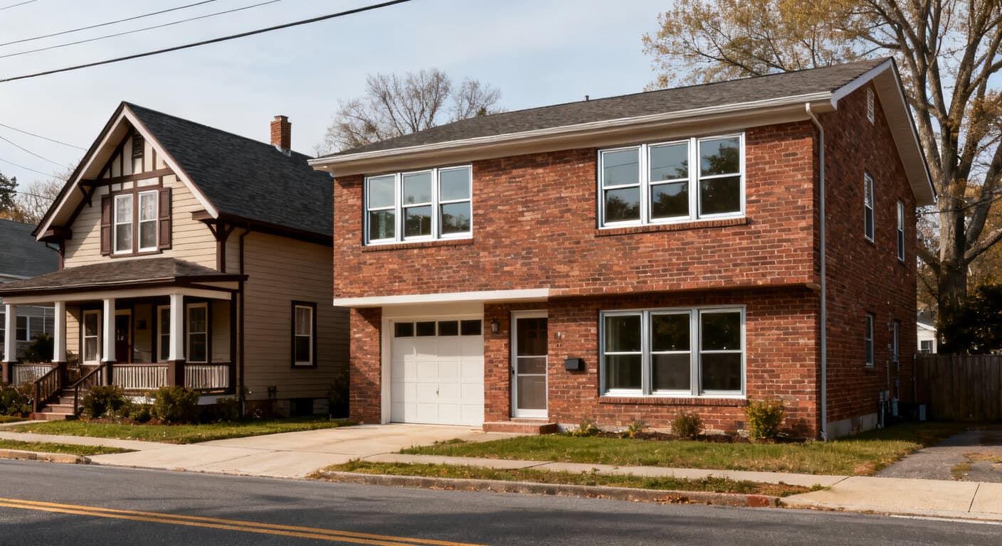 A solid-brick 1950s split-level in a Vienna Woods neighborhood of Vienna, VA with its original aluminum windows being replaced, beside an early-20th-century Craftsman bungalow in the small Windover Heights Historic District, illustrating the town's split between permit-light suburban stock and one historic-review pocket.