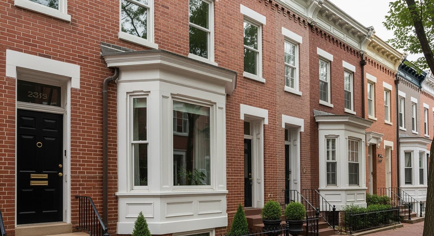 A Washington, D.C. brick rowhouse facade with tall narrow double-hung replacement windows across two stories, including a projecting Victorian bay, illustrating the District's historic-district housing stock.