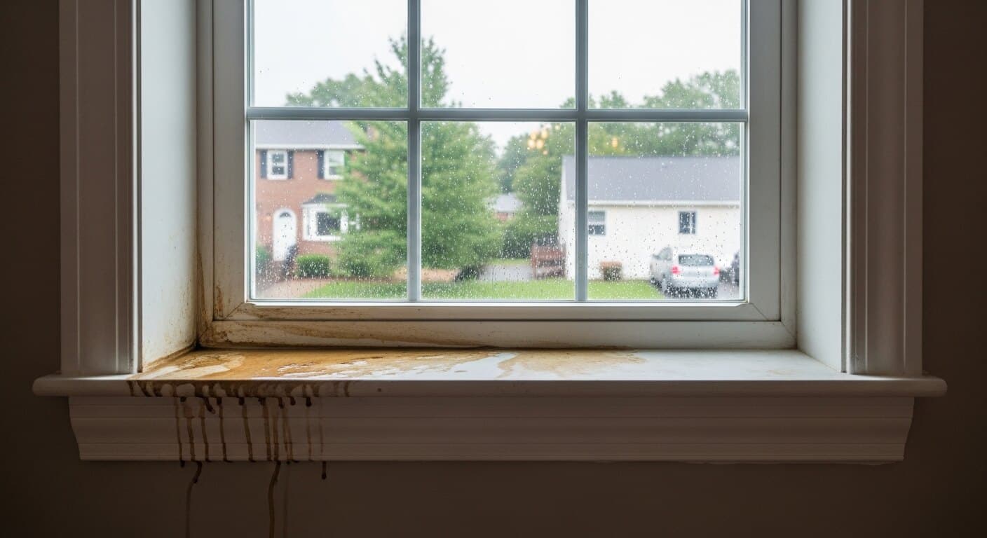 Water stains and damp drywall below an interior window sill from window leaks in an older DC, Maryland, or Virginia home.