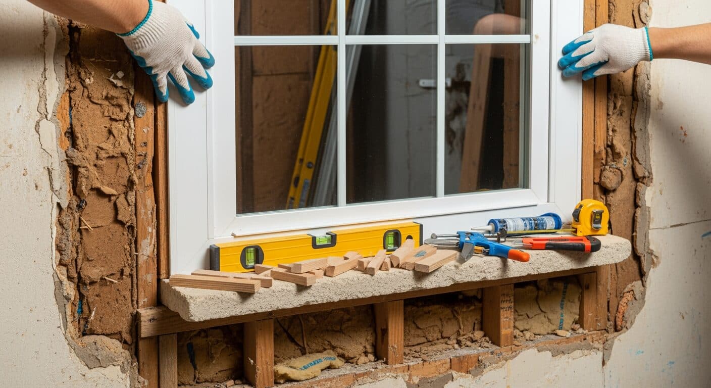 Installation crew removing an old window and setting a new replacement unit into the opening of a home.