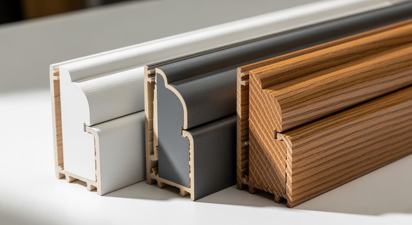 Cutaway samples of vinyl, fiberglass, composite, and wood window frames side by side for comparison.