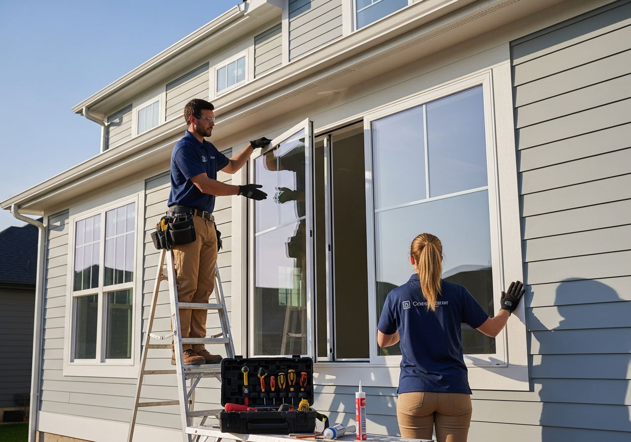 Professional installers fitting new windows on a home
